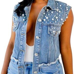 Hush Womens Denim Pearl & studded Vest Frayed Sleeveless Top Size Large/X-Large